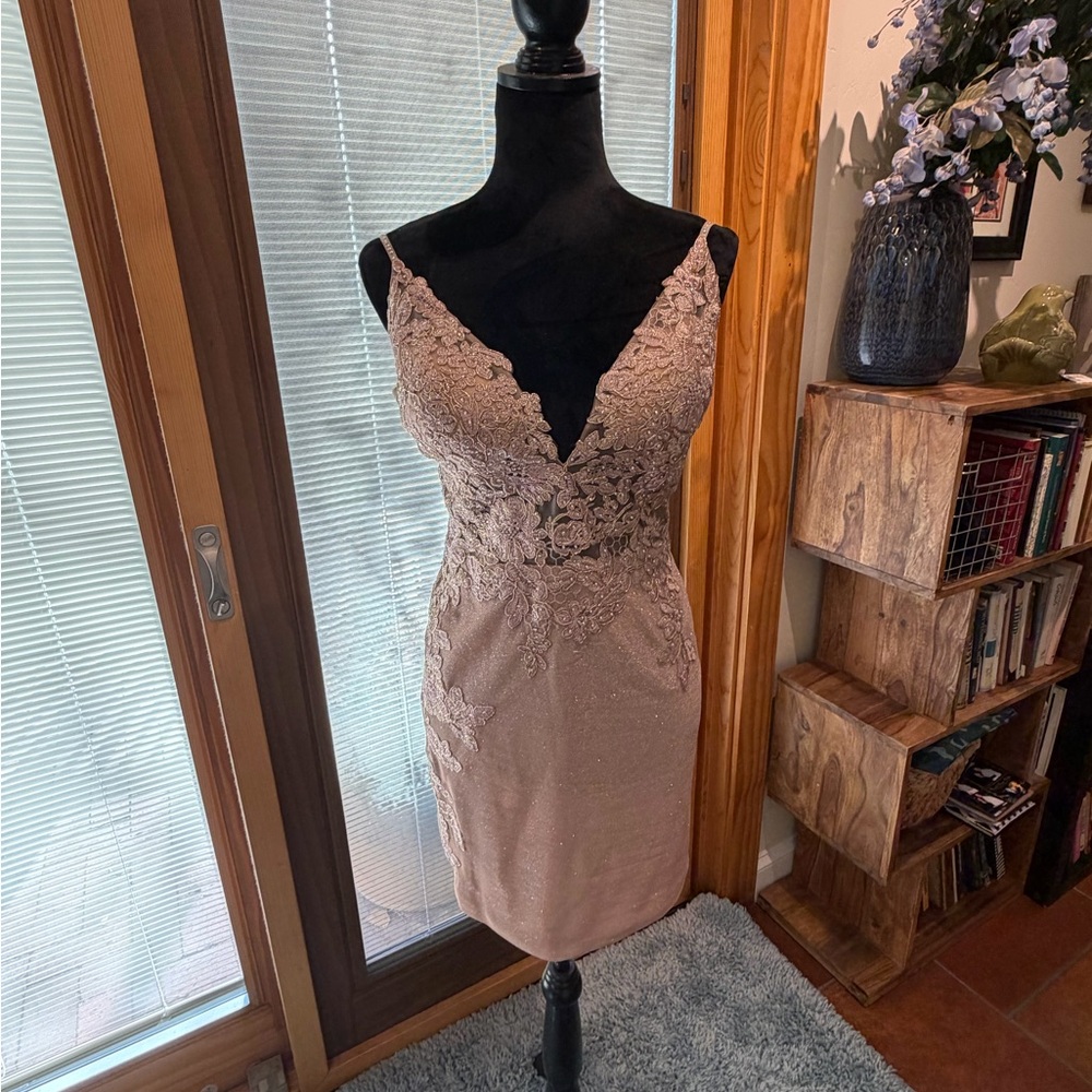 JVN by Jovani Rose Gold Lace-Embellished Mini Dress